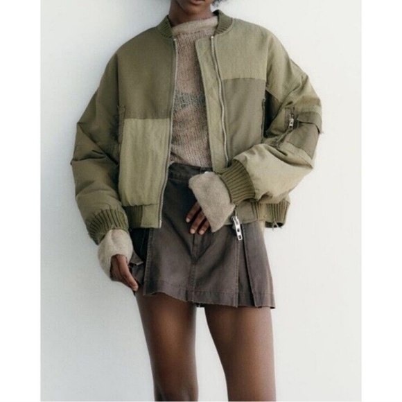 Zara NWOTs Frayed  Ripped Water-Repellant Patchwork Bomber Jacket - Picture 1 of 11